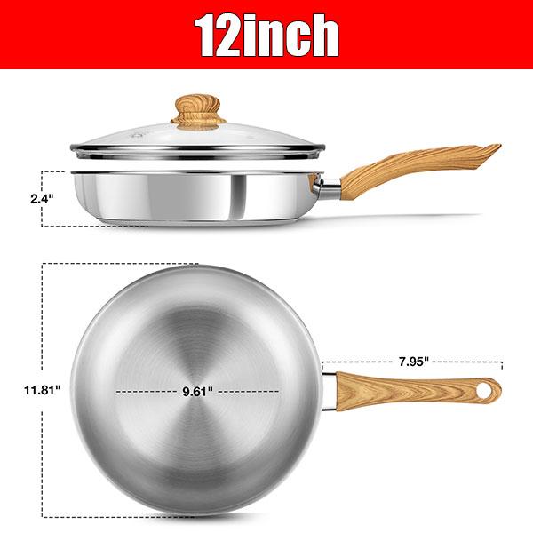 10 inch 12 inch Deep Cooking Frying Pan with Lid No Coating Stainless Steel Frying Pan Skillet with Heat-resistant Handle
