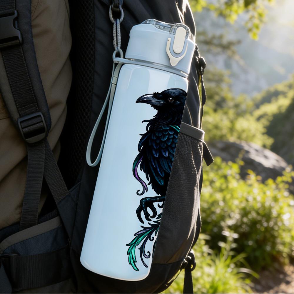 1PC Feather Crow Dark Art Portrait 750ml Color Plastic Sports Water Bottle Leakproof Flip Straw Lid Suitable for Sports Office Home Use