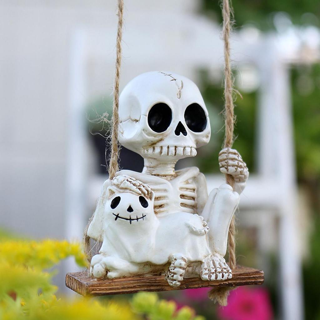 Skull Decor Halloween Skull Ornament Cute Swing Ghost Dog Car Pendant for Home Door Cemetery Garden Fence Rearview Mirror Tree