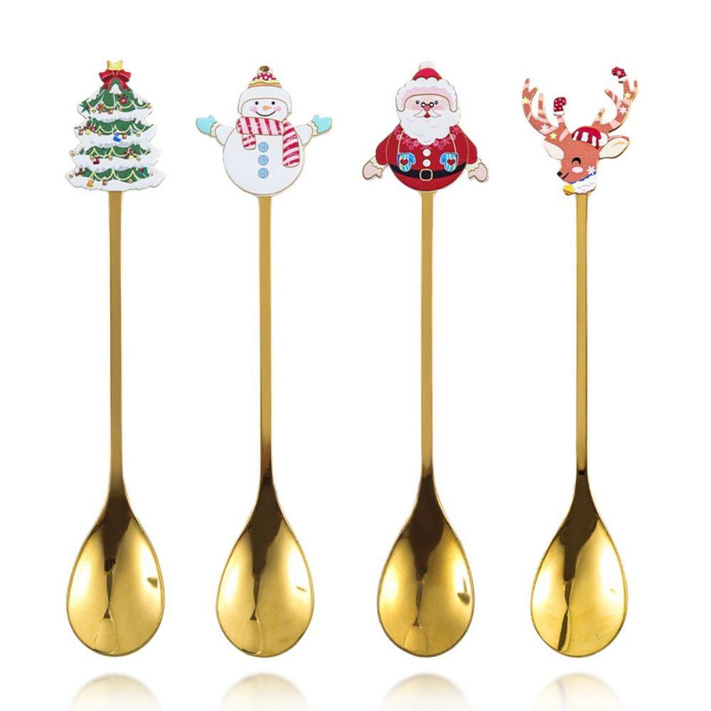 4PCS Set Christmas Stirring Spoon Plated Design Kitchen Utensil Gift  Kitchen Supplies