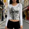 Top gotic Y2K negru imprimat retro de primăvară cu gât în V, mâneci lungi și talie subțiată pentru femei