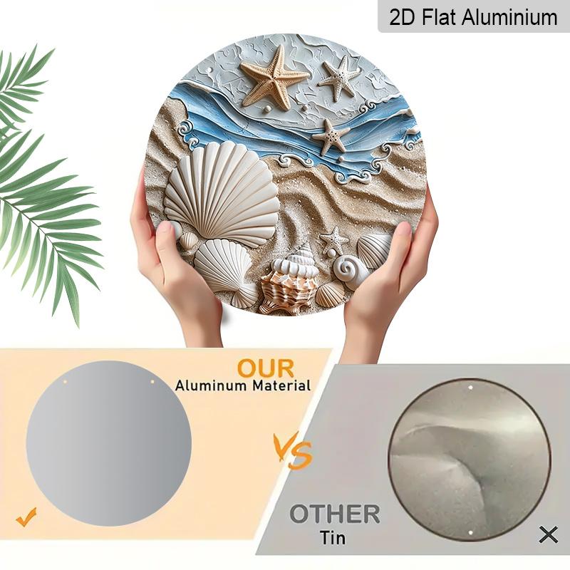 2D Flat, 1pc Round Aluminum Metal Sign Beach Starfish Shells Print Metal Sign, Waterproof & Rustproof, Perfect for Nautical Home, Beach House