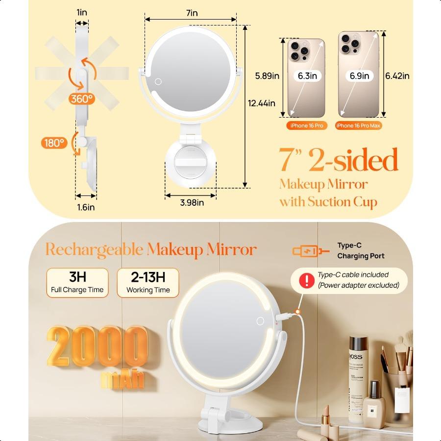 7 Wall Mounted Makeup Mirror with Powerful Suction Cup Double Sided 1X 10X Magnification 3 Color Lights and Adjustable Brightn
