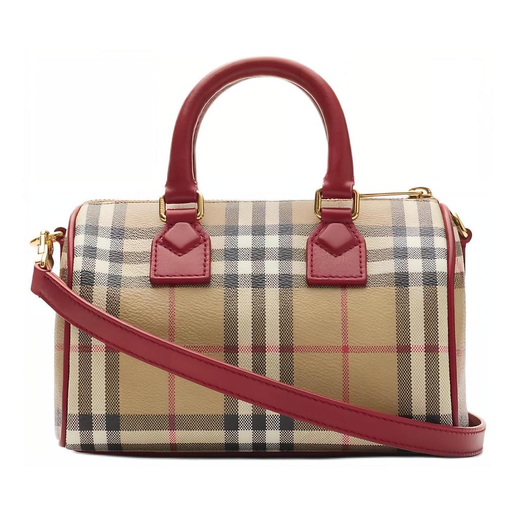 Burberry Mini Borsa Boston a Quadri Vintage con Bordi in Pelle Rossa e Ferramenta Dorata per l'Uso Quotidiano
