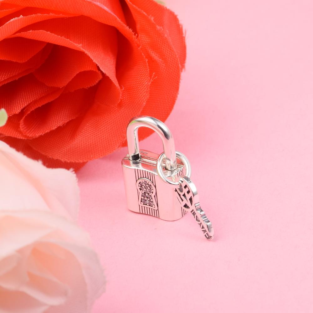 2022 Valentines Gift Padlock and Key Dangle Charm 925 Sterling Silver Crystal Beads Fits Europe Bracelets DIY Jewelry Making