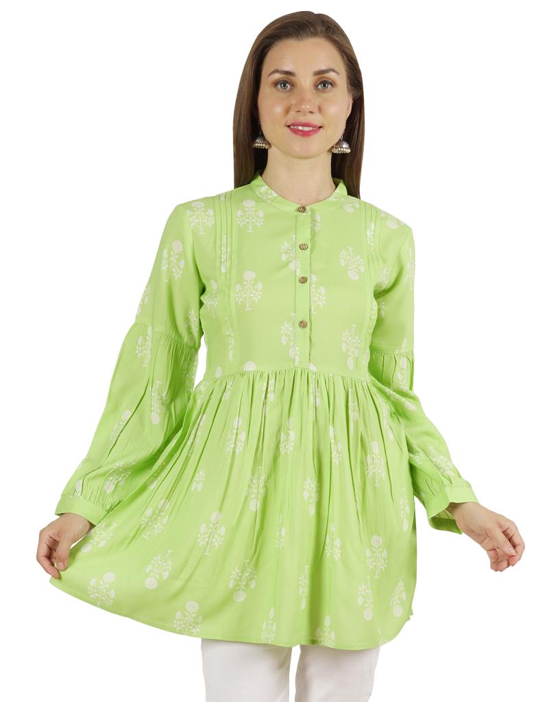 Moomaya Printed Womens Full Sleeve Tunic Mandarin Collar Fit & Flare Long