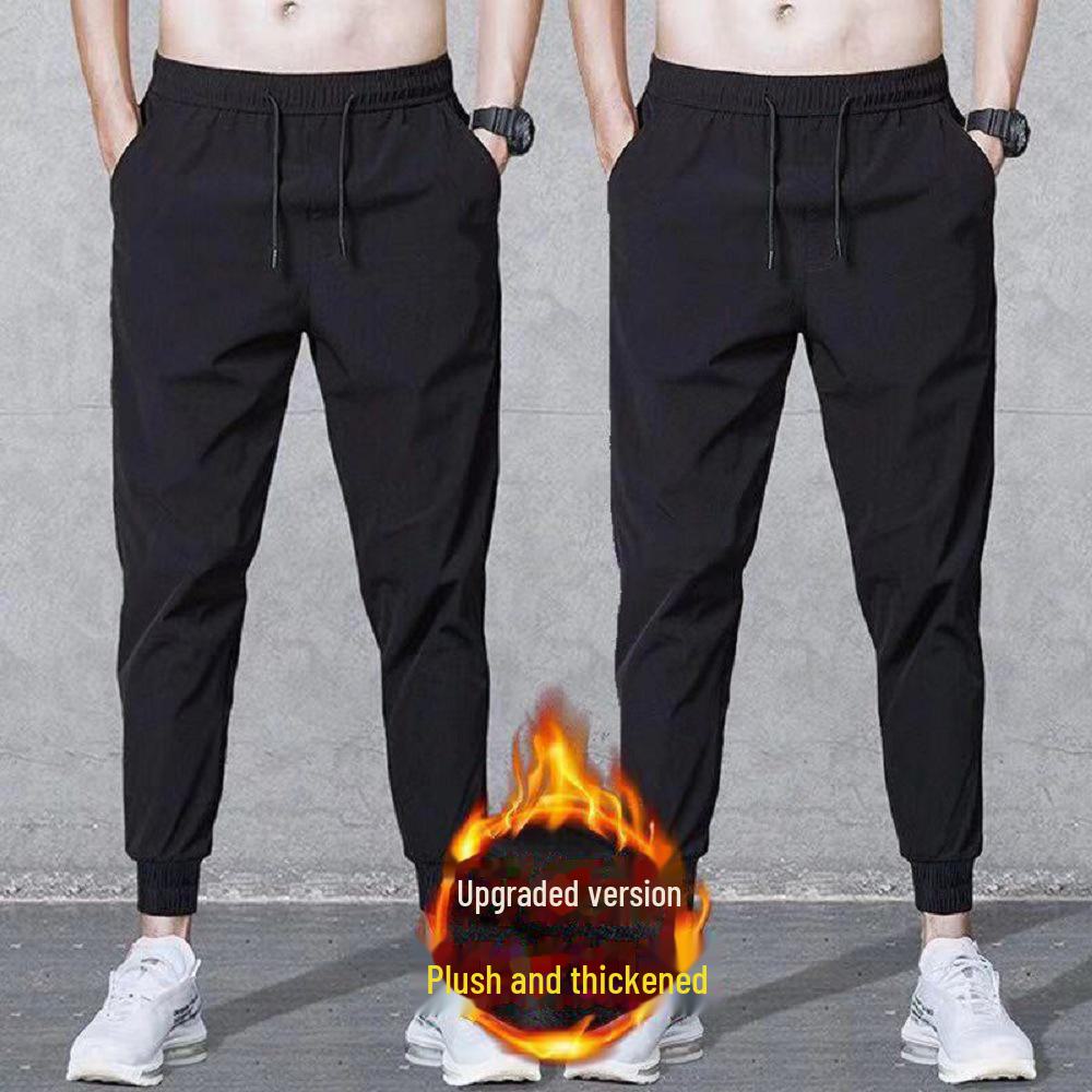 Men's Large White Windproof & Rainproof Cotton Pants – Warm Winter Casual Wear with Cuffs for Middle-Aged & Elderly