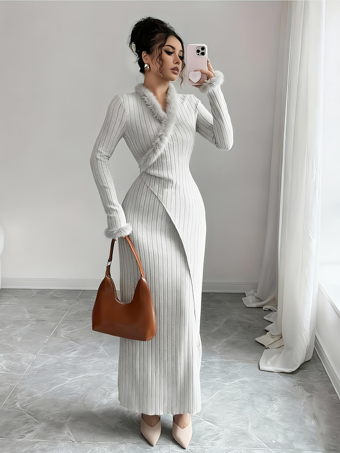 

European and American high-end hairy edge knitted dress women s long pit strip sweater skirt inside and outside wear one-step skirt S светло-серый