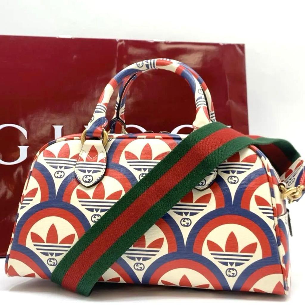 GUCCI ADIDAS Collaboration Double Branded Multi Color 2Way Duffle Bag Sherry Line Mini Boston Shoulder Bag Leather