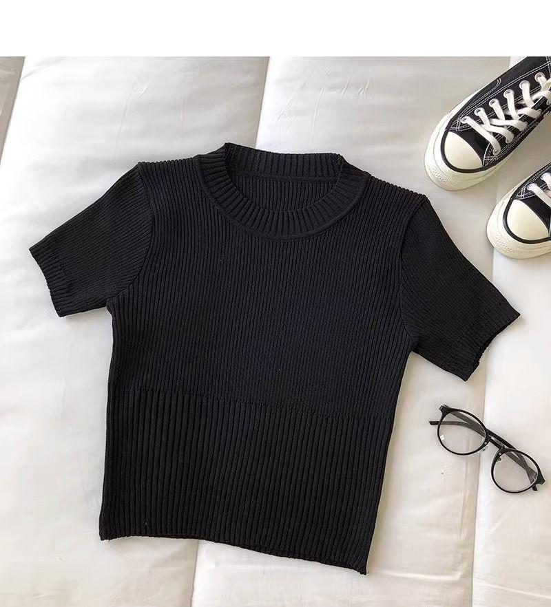 Women's Round Neck Slim-Fit Knitted Pullover: Short Sleeve, Straight Shoulders, Niche Design, Figure-Flattering