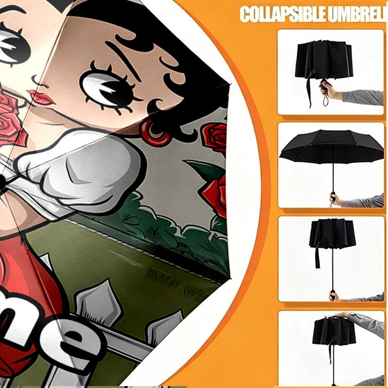 Custom Name Personalized Betty Boop Print Umbrella, Auto Open Close, 8‑Rib Sturdy Frame, Commute Camping Hiking Use, Birthday Gift