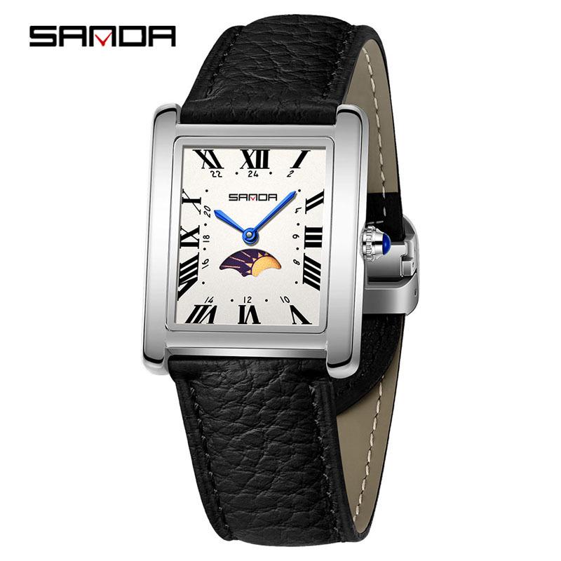 SANDA Women s Square Quartz Watch: Luxury & Waterproof with Roman Numerals and Moon Phase.