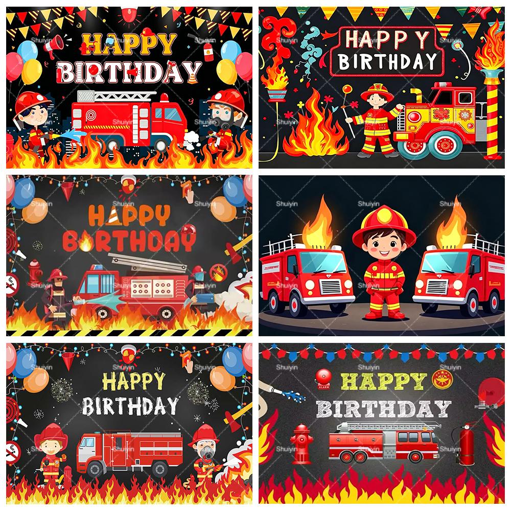 Sfondo a Tema Pompieri e Camion dei Pompieri Cartoni Animati Decorazioni Compleanno Ragazzo Fiamme Rosse Articoli per Feste Sfondo Fotografico