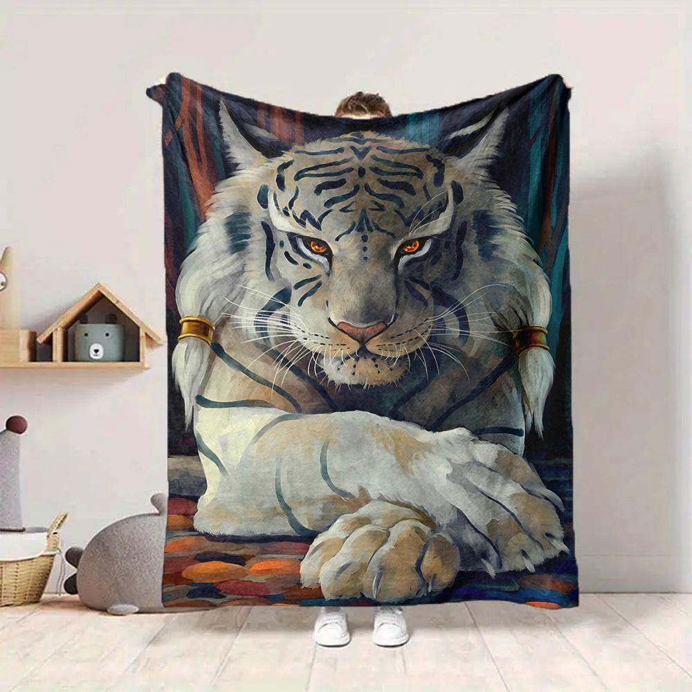 1pc White Tiger Print Blanket Lightweight Blanket Throw Blanket For Sofa, Bed, Travel, Camping, Livingroom, Office, Couch, Chair Yy251010047