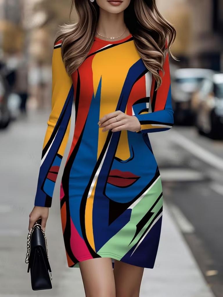 2026 Autumn and Winter European and American Style Loose Casual Dress, 3D Digital Printing, Women's Plus Size Dress