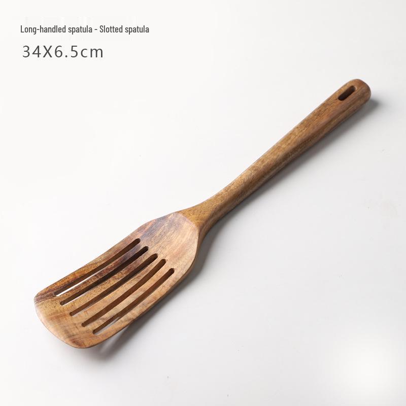 Teak 9-Piece Kitchen Set: Solid Wood Spatula, Spoon, Fork, Non-stick Pan, Acacia Wood Utensils, Long Handle Pot & Vegetable Spatula