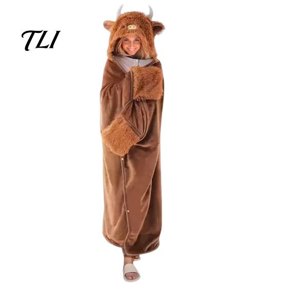 Damen Halloween Kostüm Tier Tragbare Decke Hoodie für Damen, Übergroßer Flanell Pullover Knopfleiste Decke, Cosplay Umhang Nachtwäsche Winter