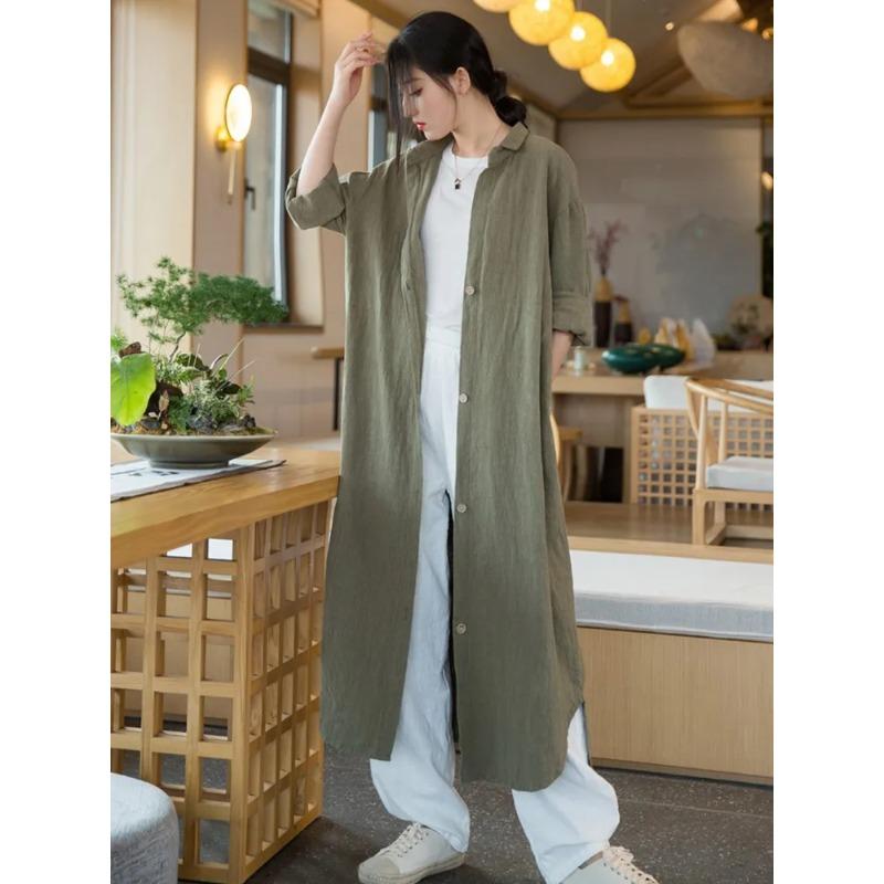 Women Vintage Linen Long Shirts Solid Color Long Sleeve Blouses Spring Button Turn Down Collar Shirt