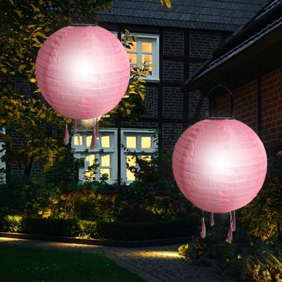Hanging Solar Lantern Outdoor Round Chinese Style Lantern with 4 Tassels Solar LED Light for Garden Patio Wedding Party Decoration