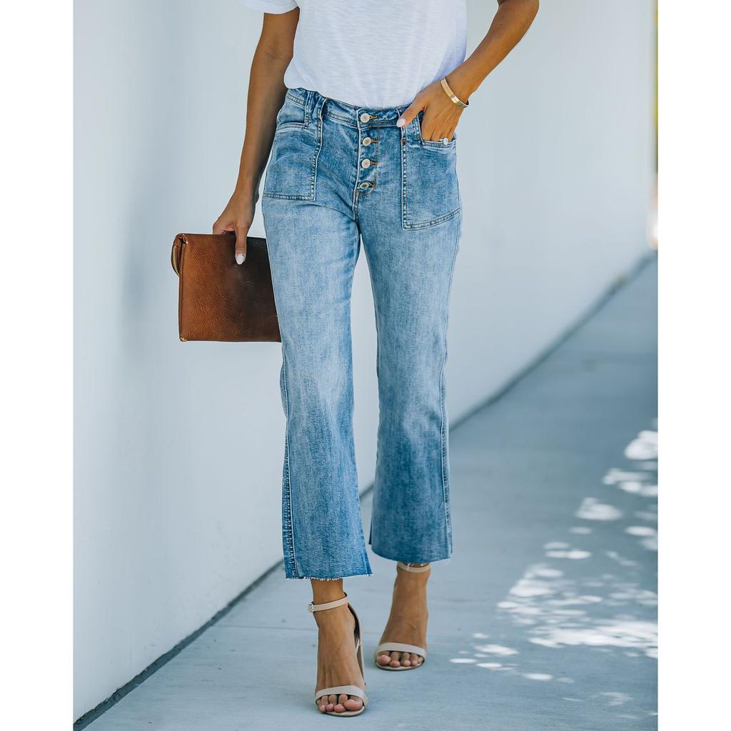 Button Wide Leg Denim High Waisted Women Street Hipster Plain Washed Blue Jeans Plus Size