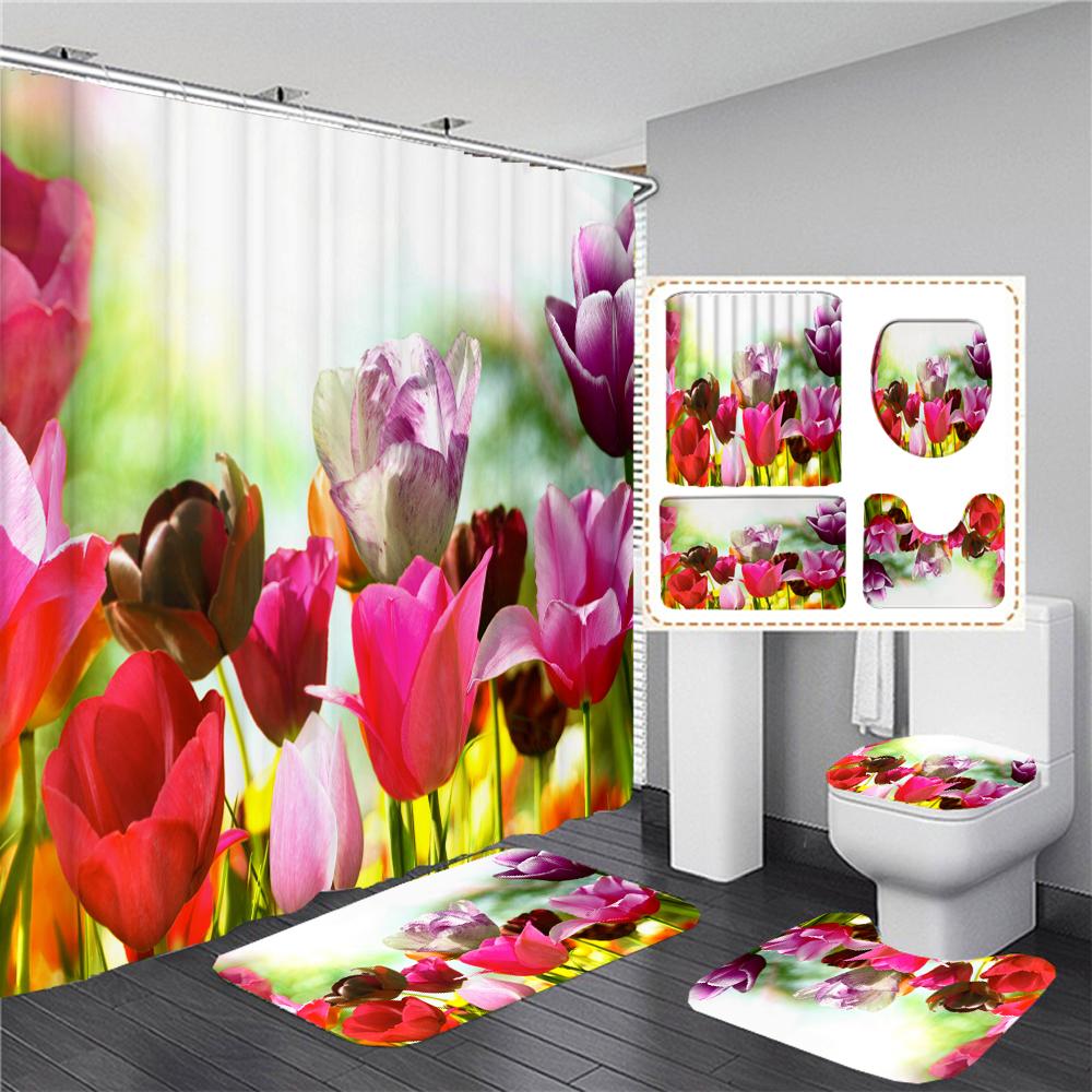 Tulip Flowers Bathroom Curtains Floral Fabric Shower Curtain Set Bath Mats Rugs Toilet Lid Cover Anti-Skid Carpet Home Decor