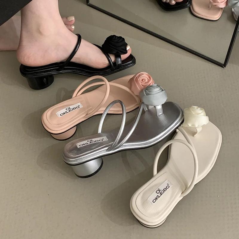 Fashion High Heels Women Slippers Flower Fashion Shoes Clip Toe Pumps Women's Sandals 2025 Summer New Trend Brand Dress Femme Zapatillas