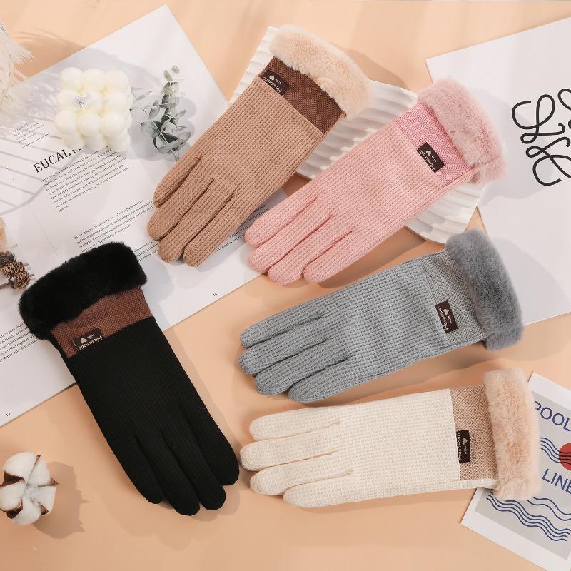 Warm gloves autumn and winter ladies cute waffle driving cold proof piled thickened outdoor riding touch screen gloves