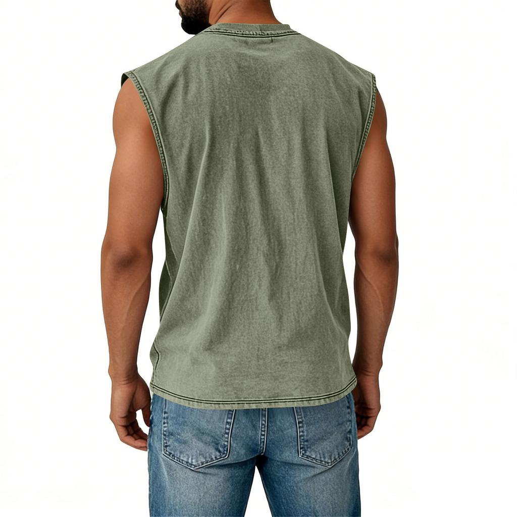 Men’s Crew Neck Sleeveless Vintage Style Top Relaxed Fit Casual Comfort Tank Distressed Look Soft Fabric Durable Stitching