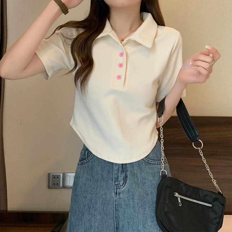 Cotton polo collar shoulder T-shirt women's summer new design sense niche chic short t-shirt top ins