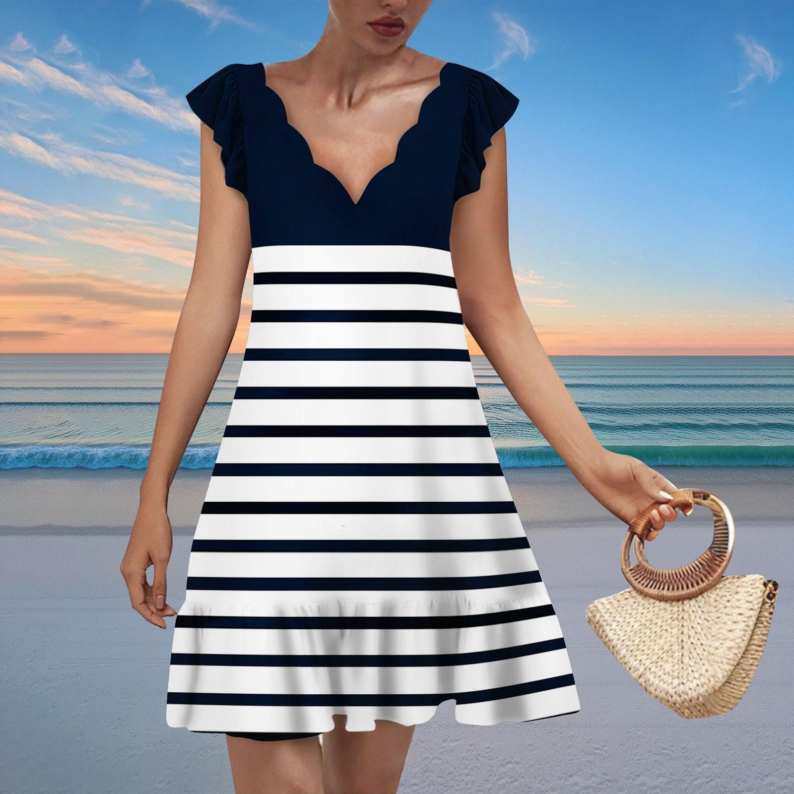 

Женское модное повседневное платье с V-образным вырезом, волнистым краем, полосатым принтом и принтом в клетку, с короткими рукавами M