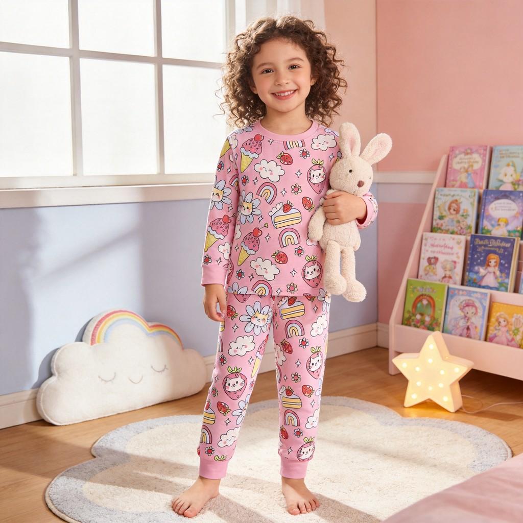 Girl Fall Print Cotton Pajama Set With Long Sleeve Top And Pants For Kids