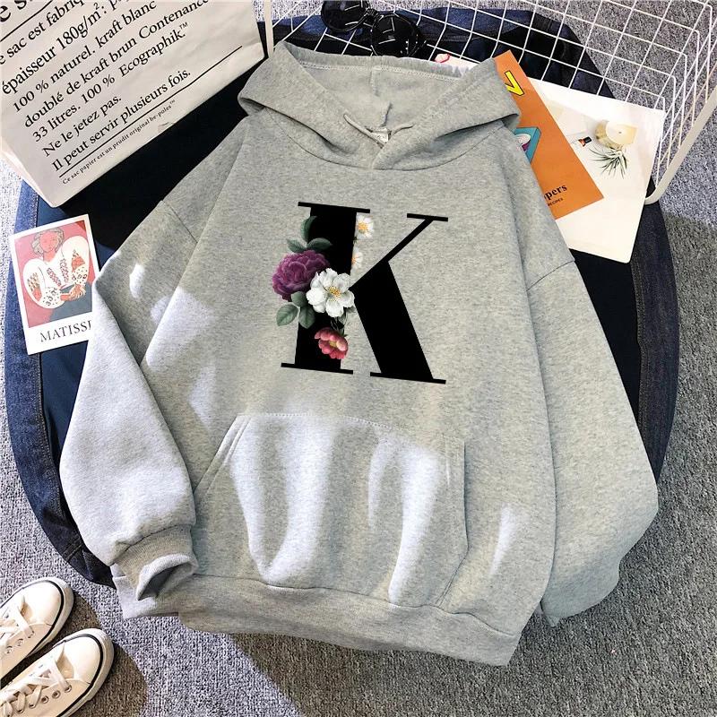 New in Womens Hoodies Casual Letters A-Z Printed Sweatshirts Sportswear Outdoors Sports Jogging Woman Clothing Running Grey Tops