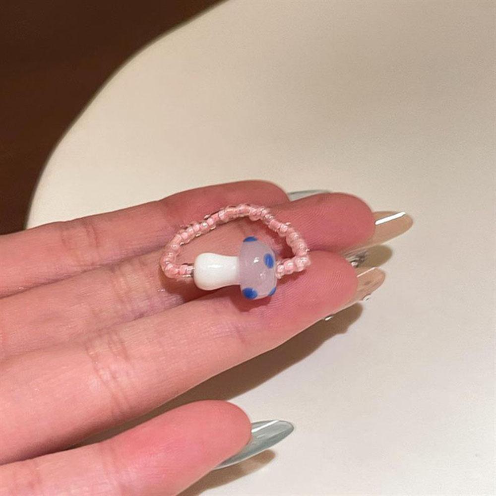 Colorful Mushroom Bead Ring New Elastic Rope Design Cute Playful Women Dopamine Finger Ring Trendy Contrast Color Party Jewelry