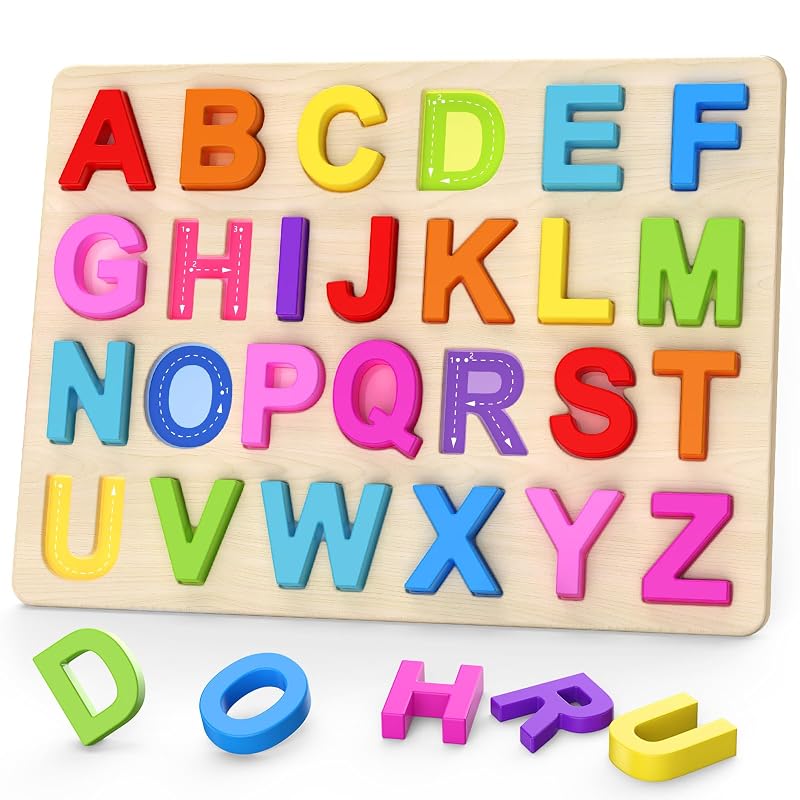 Zeoddler Alphabet Puzzle, Wooden Puzzle for Toddlers, ABC Shape Puzzle for Kids, Preschool Learning Activity, Gift for Girls and Boys.