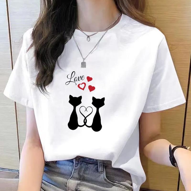 Women's 90s Trend Casual Cat Print Short Sleeve T-Shirt