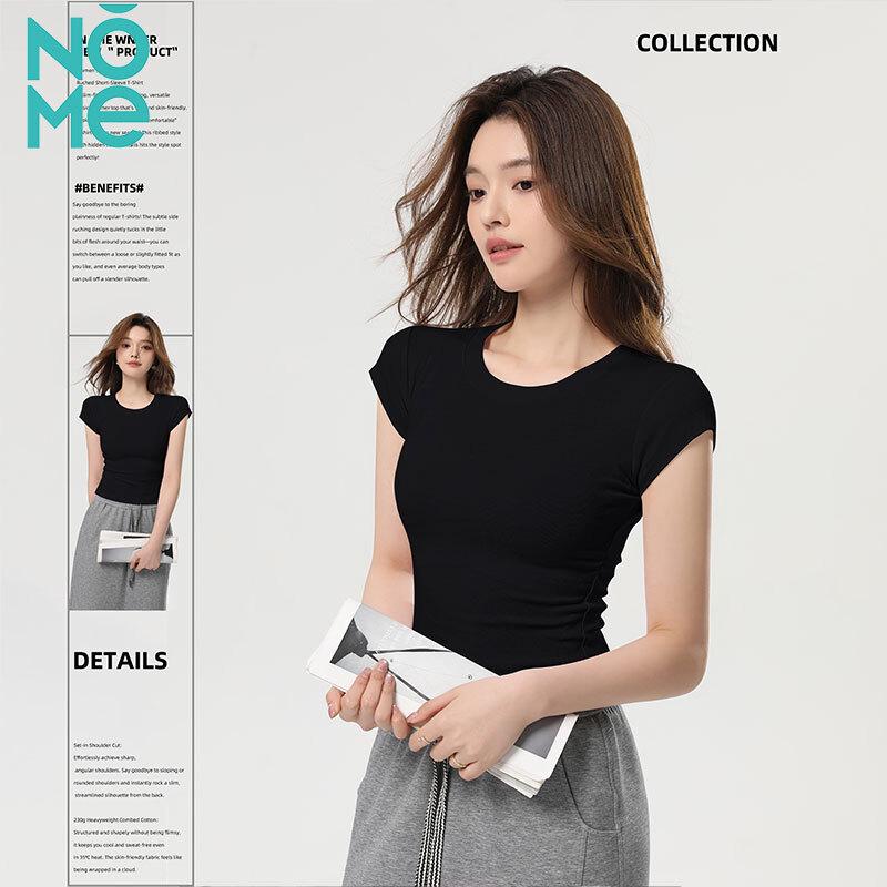 Women s Ribbed Round Neck Pleated Short Sleeve T-Shirt XL чёрный