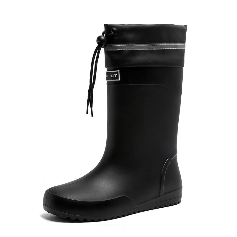Water shoes, high-end medium tube flat-bottomed rain shoes, men's closing mouth plus fixed cotton lint, winter velvet rain boots, size waterproof glue