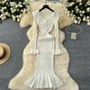 Spring Autumn Women Sweet Peter Pan Collar Knitted Sweater Long Midi Slim Mermaid Dresses