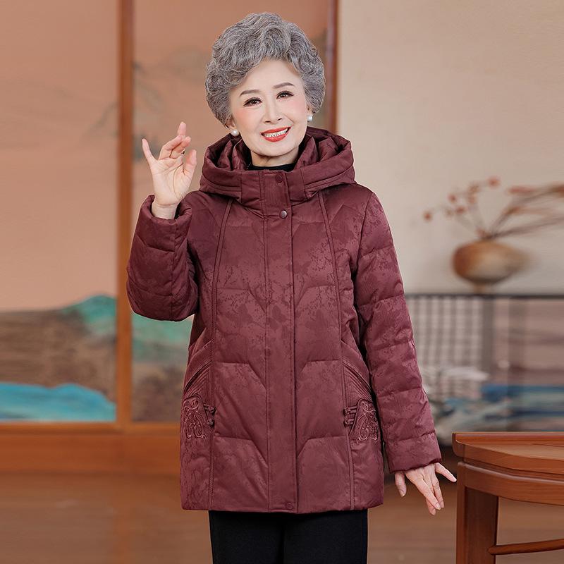 Elegant Winter Hooded Duck Down Jacket for Middle-Aged & Elderly Women - Warm Chinese Style Outerwear