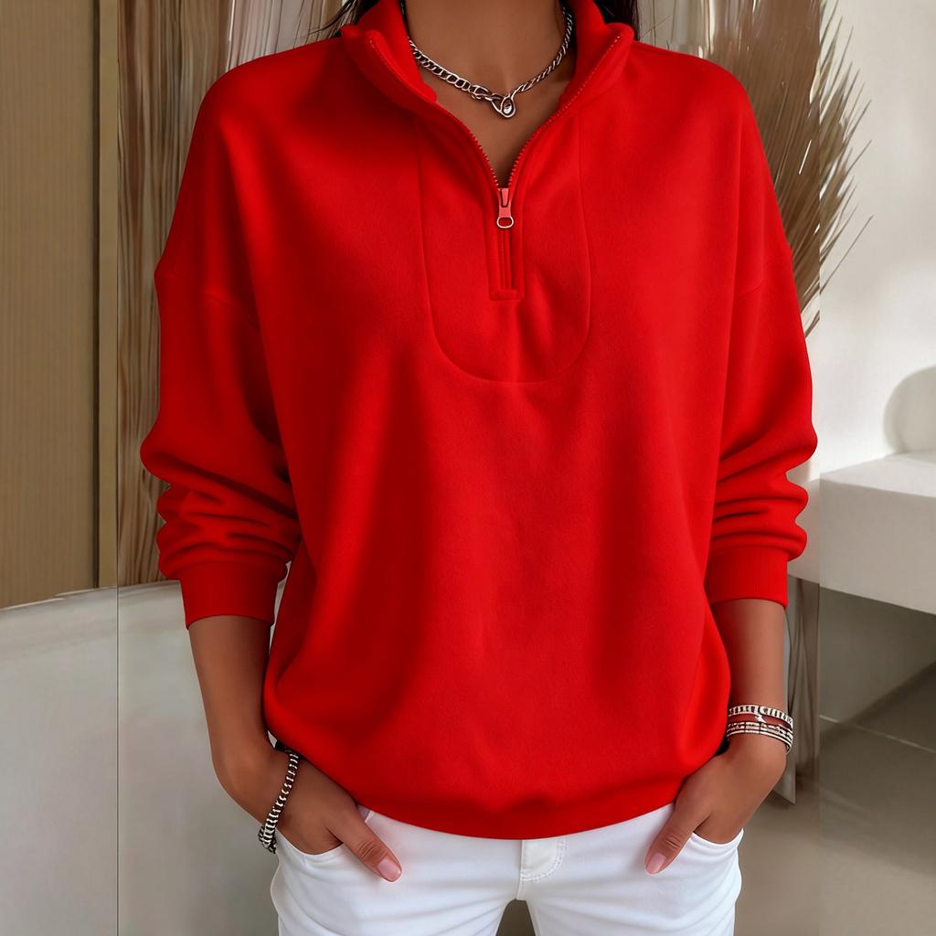 Women's Fashion Fleece-Lined Loose Pullover Solid Color Zipper Long-Sleeve Sweatshirt