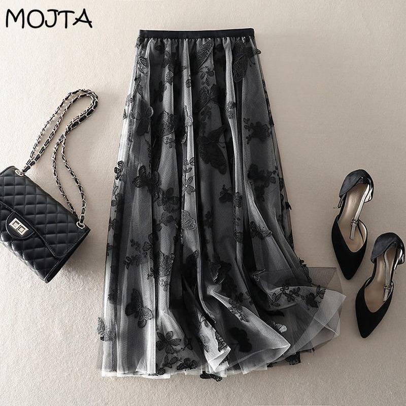 Women Spring Autumn Boho Lace Crochet Skirt Stretch High Waist Women Embroidery A-Line Skirt Women Beach Pleated Skirt