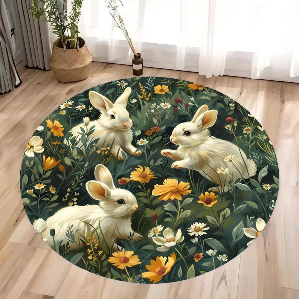 Three Rabbits Round Carpet Easter Flower Rabbit Pattern Non-slip Area Carpet Bedroom and Living Room Carpet Floor Decorative Pad
