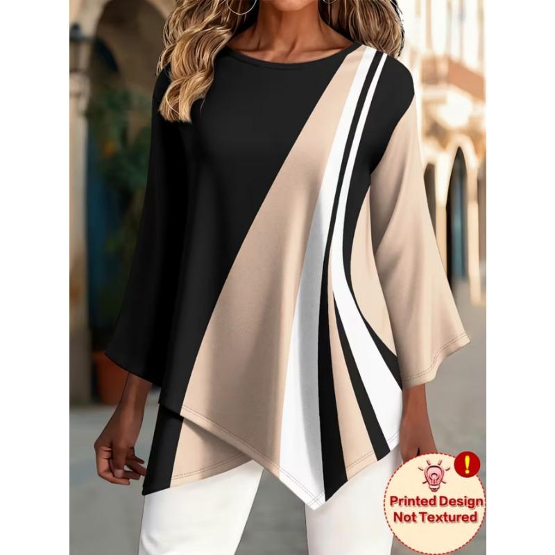 Women's fashionable printed round-neck T-shirt, with asymmetrical cross-over hem design, machine washable