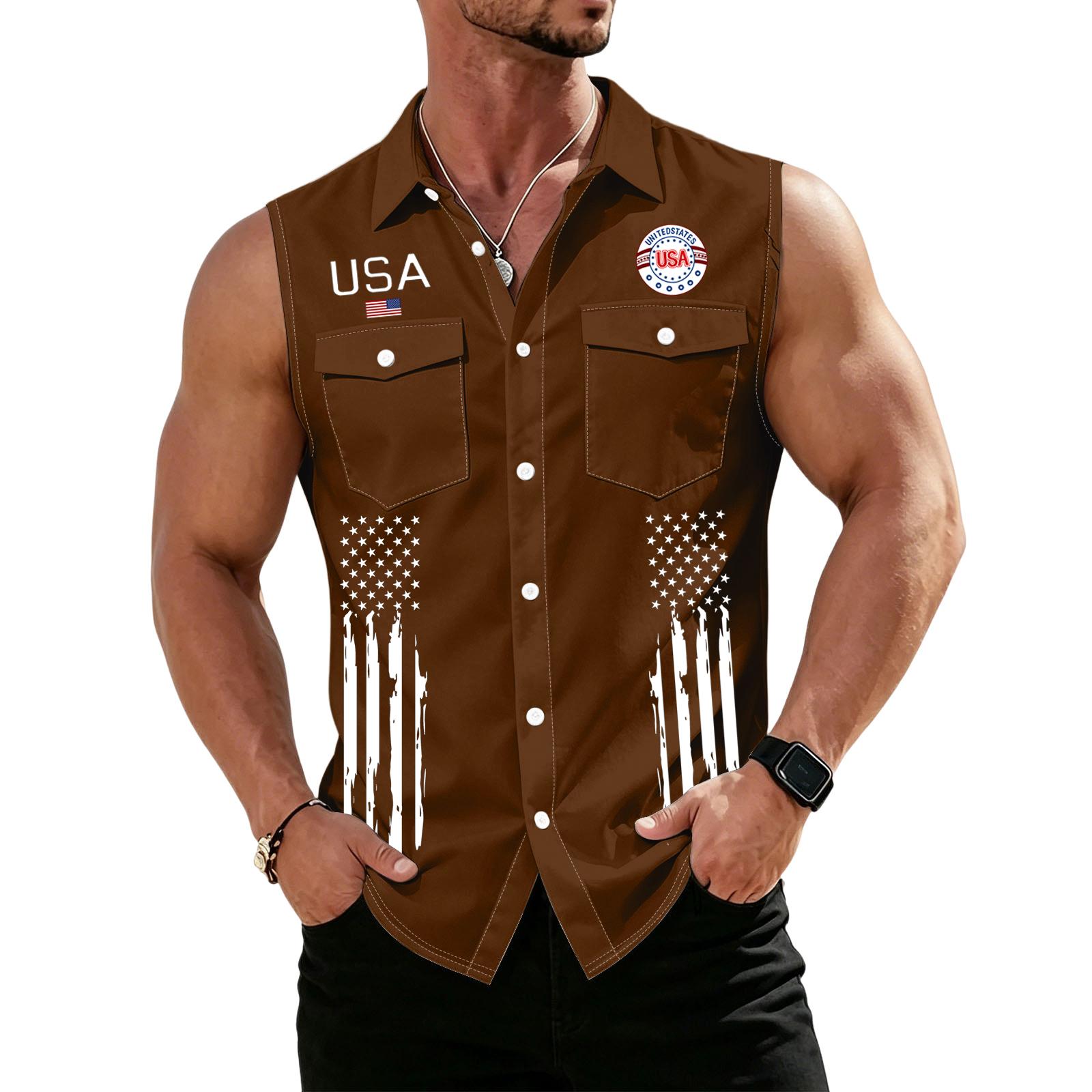 

Men’s Sleeveless Button Down Shirt with USA Letter Print Front Pockets and Flag Graphic Casual Fit Design M коричневый