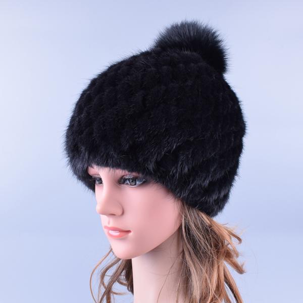 

Pompom Fur Hats for Women Natural Mink Fox Fur Knitted Winter Beanies Thicken Brand Cap LQ11192 чорний