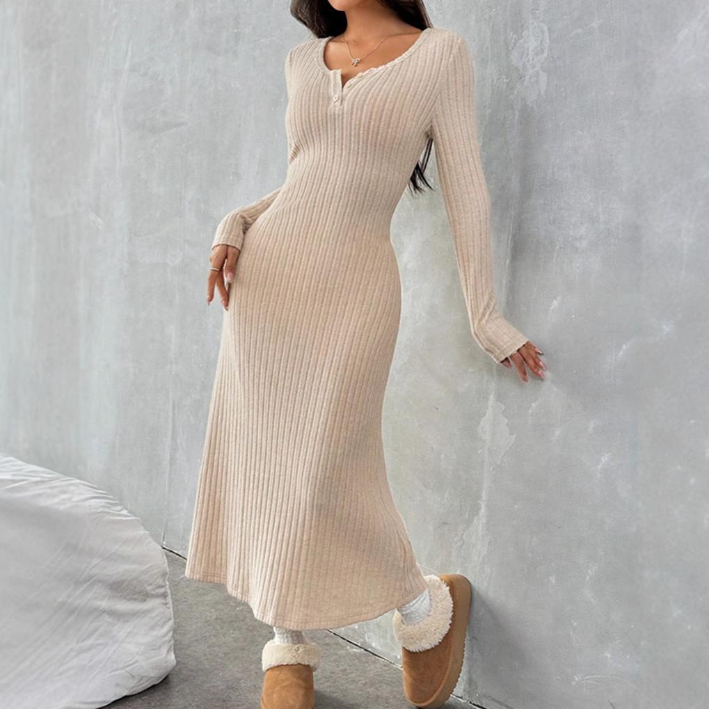 

Autumn Winter Solid Long Sleeve V-neck Button Maxi Dress Women s Elegant A-line Skinny Elastic Knitted Dresses Women Clothing S