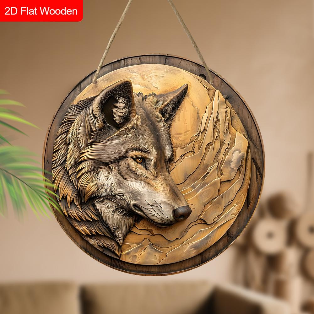 Unik träskylt med vargmönster - Rustik rund skylt för ytterdörr, vägghängande dekor - Idealisk present till vän & familj