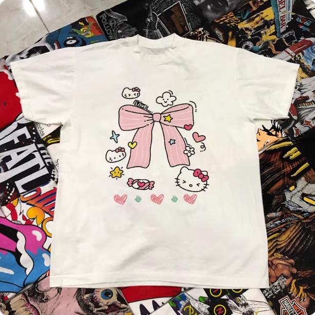 Sanrio 2026 Summer Comic Form Hello Kitty Image 100 Cotton Printed Casual Tshirt Adult Children Parentchild Top Casual Wear
