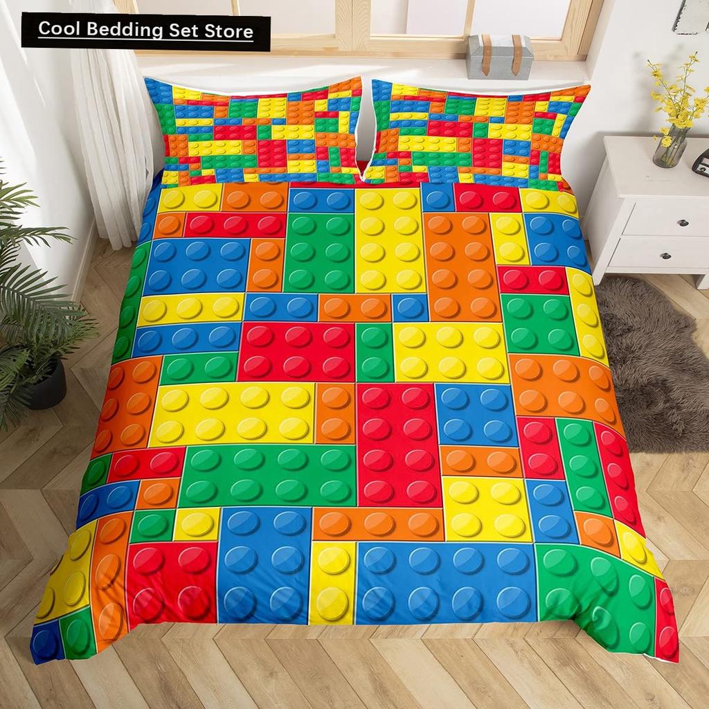 Colorful Toy King Queen Duvet Cover 3D Building Block Pattern Bedding Set Fun Brick Quilt Cover Gradient Rainbow Comforter Cover