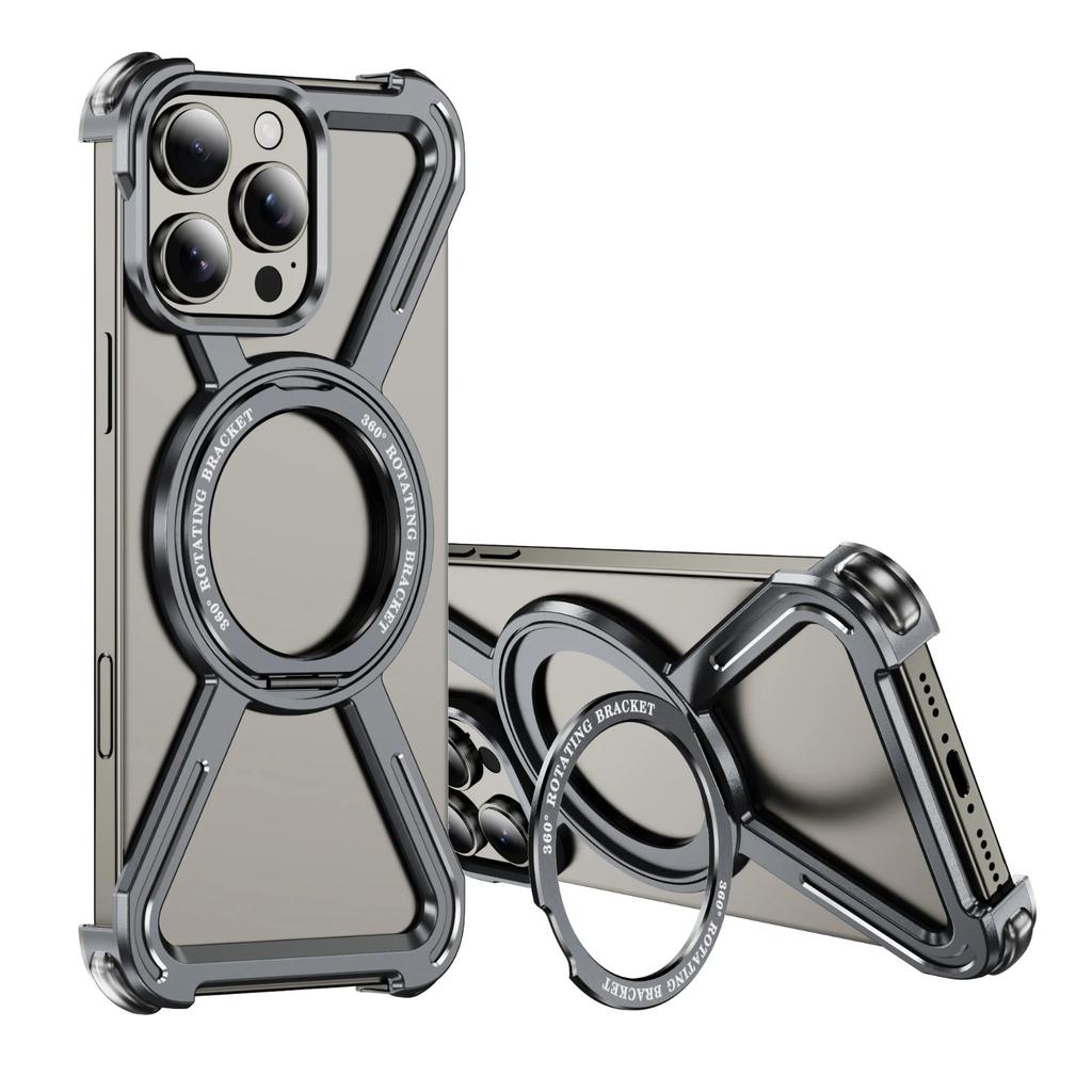 Titanium Metal Alloy Magnetic Phone Case For iPhone 13 14 15 Plus 16 Pro Max 360° Rotation Holder Frameless Protective Cover